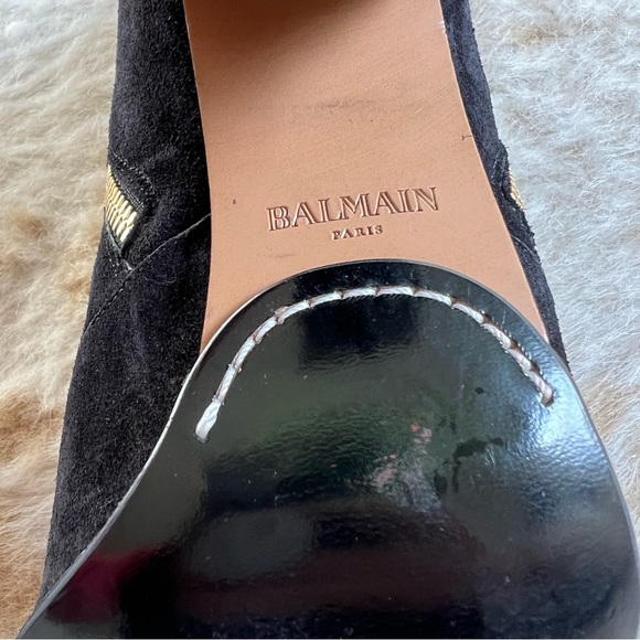 BALMAIN Paris Bootie 40 ROUSTEING black suede dual gold zip chunky heel Block 9 - Picture 4 of 13